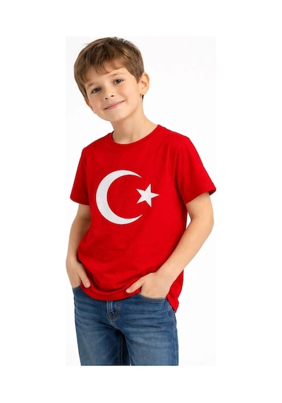 Erkek Çocuk Tişört Bisiklet Yaka Ay Yıldız Bayrak Baskılı T-shirt - Kırmızı Çok Renkli