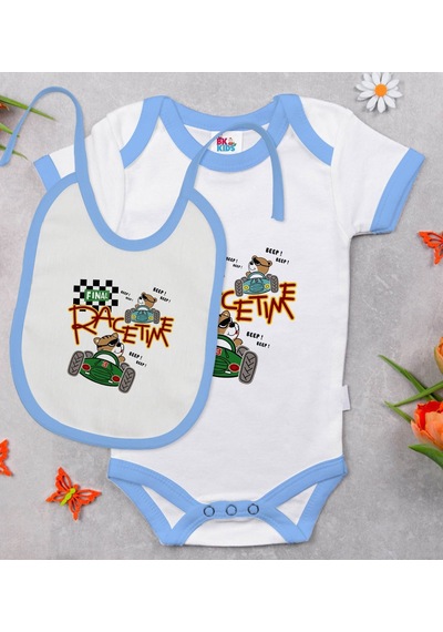 Bk Kids Race Time Tasarımlı Mavi Bebek Body Zıbın Ve Mama Önlüğü Çok Renkli