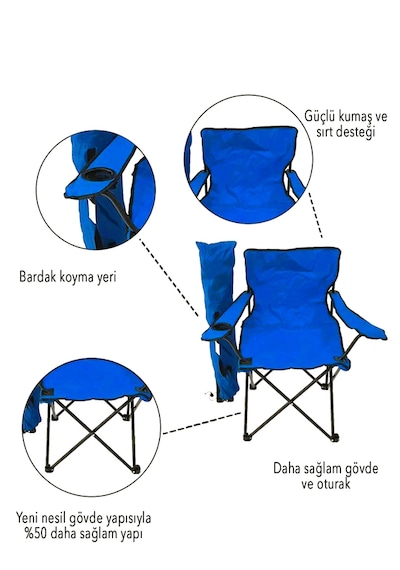 Eksiksepeti 2 Adet Katlanır Kamp Sandalyesi Taşıma Çantalı Bardaklıklı Mavi