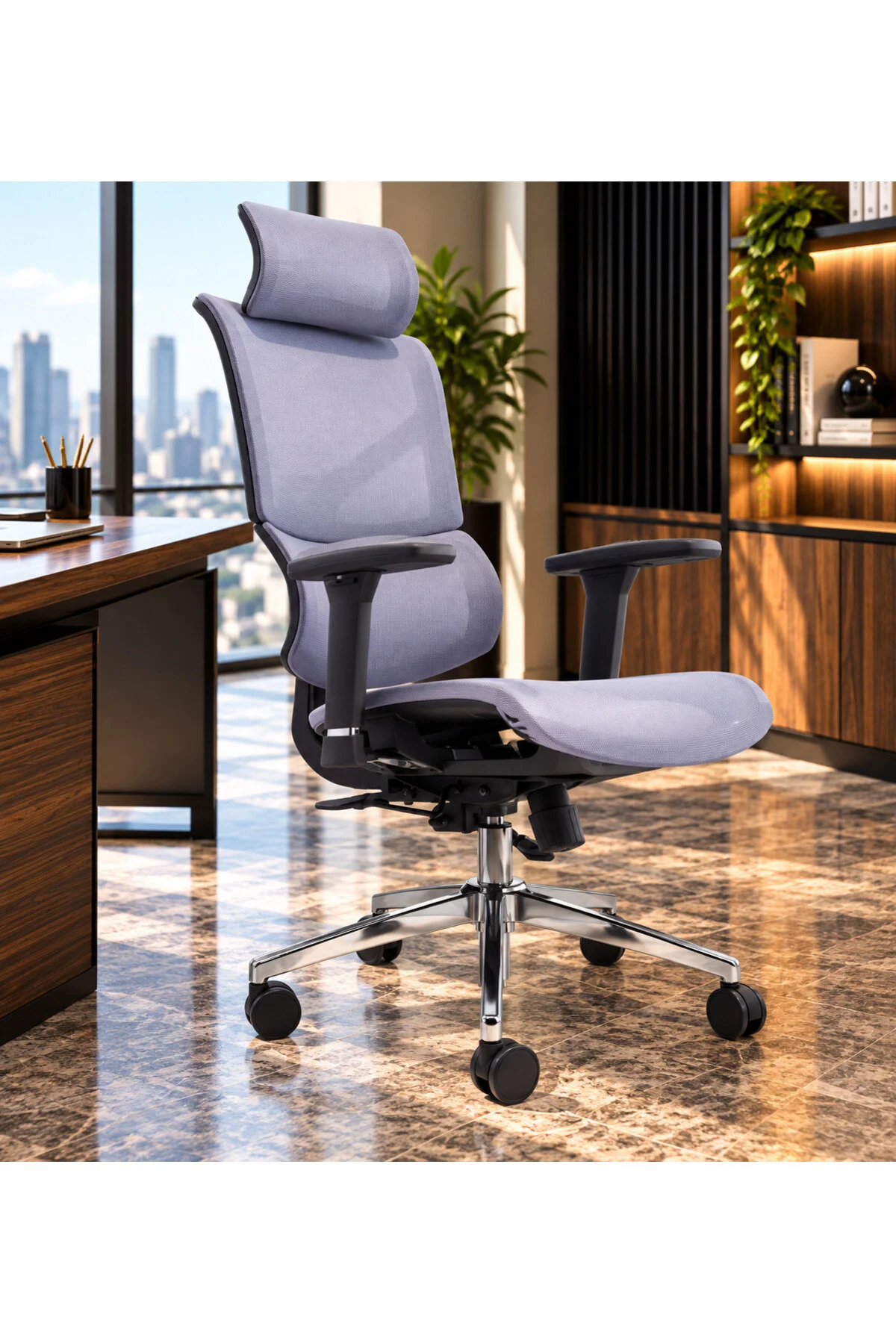 Fileli Başlıklı Ergonomik Çalışma Koltuğu Gri