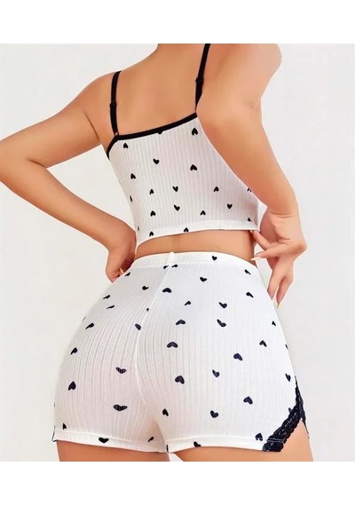 Atyticaret Kadın Pamuklu Beyaz Üstüne Siyah Desen Fitilli Askılı Şortlu Pijama Takımı