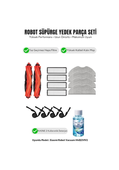 Robot Vacuum H40 Ov51 İle Uyumlu 2 Ana Fırça 4 Yan Fırça 4 Filtre 4 Mop 1 Deterjan 4.0