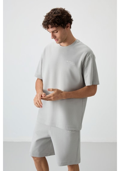 Taş Pamuklu Kalın Yumuşak Dokulu Oversize Fit Nakışlı Erkek Şort Takım - 85250