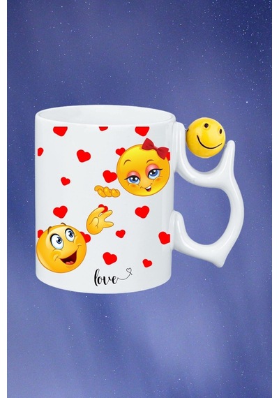 Kavuşma Love Emoji Baskılı Smile Emoji Toplu Kupa Bardak Çay Kahve Fincanı Beyaz