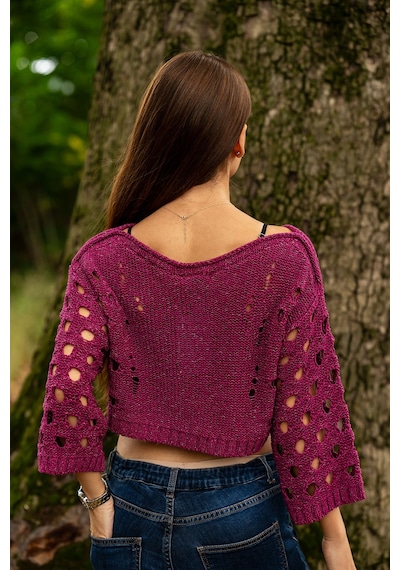 Verdeblanco Yırtık Detaylı Örme Crop Top Mürdüm