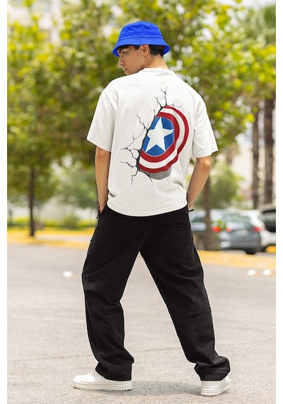 Kaptan Amerika Kalkan Baskılı Unisex Oversize Avengers Marvel Tiş Beyaz