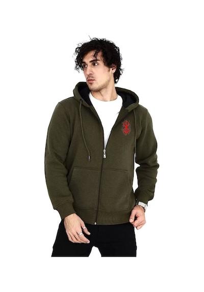 Unisex Baskılı Tam Fermuarlı Kapşonlu Sweatshirt - Haki Haki