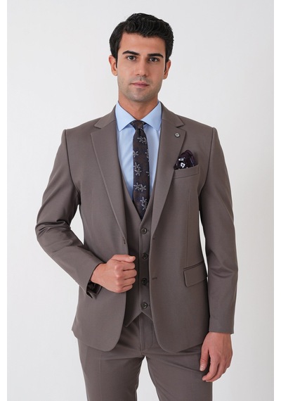 Efor Slim Fit Esnek Pamuklu Dokulu Vizon Yelekli Takım Elbise Tk 959