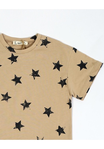 Luess Baskılı Oversize Kısa Kol Erkek Çocuk T-shirt Bej