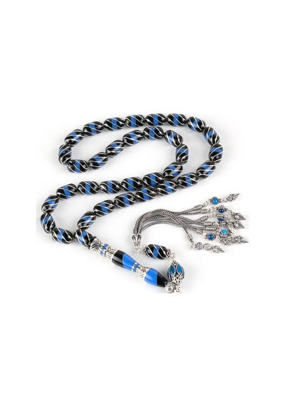 Erzurum Oltu 925ayar Gümüş Püskül Çeşmibülbül Katalin İşleme Nakkaş İmame Kapsül Kesim 7.5x12mm Tesbih - Yusuf Akansel Usta El İşi Gümüş - Siyah