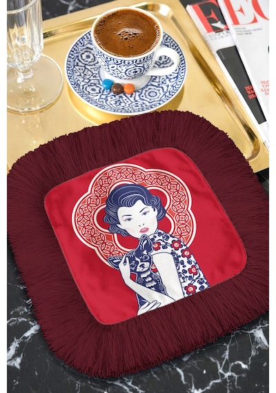 Vintage Kadın Portreli Saçaklı Sunum Peçetesi - Modern Retro Bordo Kırmızı Kahve Yanı Sunum Mendili Gün Batımı Kireçtaşı