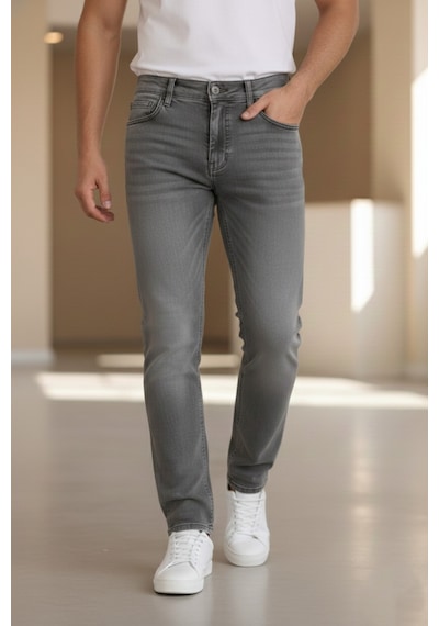 Bürke Premium Gri Renk Regular Fit Esnek Likralı Jeans Kot Pantolon