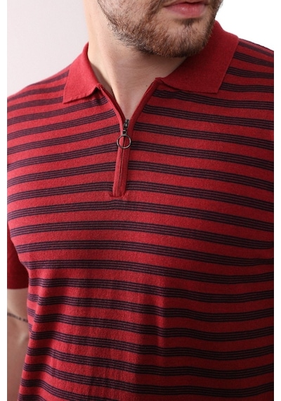 Ferraro Tarçın/Laci Polo Yaka Fermuarlı Erkek Pamuk Triko T-Shirt-Kırmızı