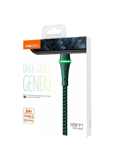 Recci RTC-N19C Genbu Serisi USB-A to Type-C 3A Hızlı Şarj Özellikli Şarj ve Data Kablosu 1M Yeşil