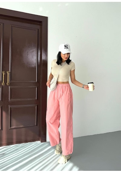 Zeo Basic Paraşüt Kumaş Kargo Cepli Bel Ve Paça Lastikli Pantolon Pembe Pembe