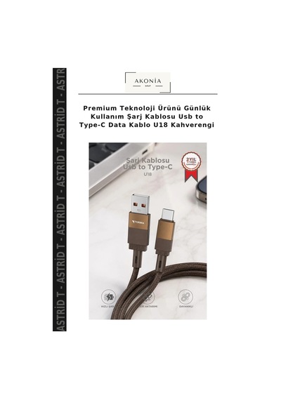 Premium Teknoloji Ürünü Günlük Kullanım Şarj Kablosu Usb To Type-c Data Kablo U18 Kahverengi
