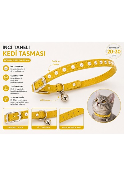 İnci Taneli Kedi Tasması 20-30 Cm Zilli Ayarlanabilir Metal Tokalı - Sarı