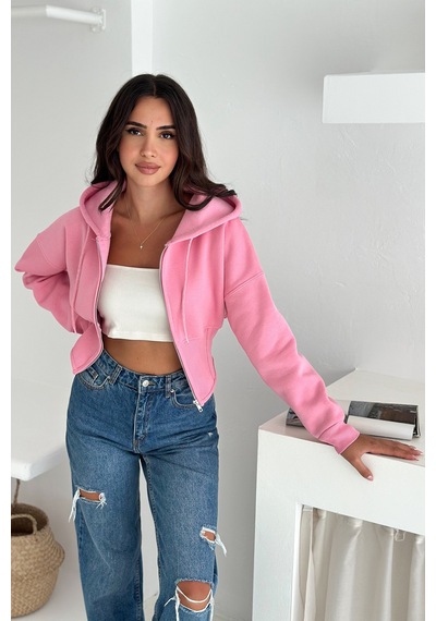 Kadın Siyah Fermuarlı Hoodie Minimal Sokak Ruhuyla Pembe