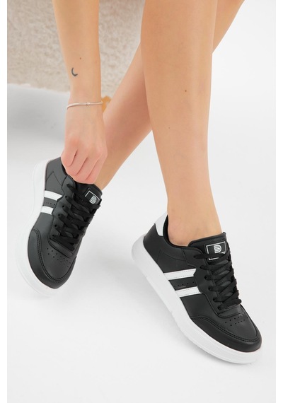 Tonny Black Kalın Faylon Hafif Taban Şeritli Bağcıklı Unisex Siyah Beyaz Spor Ayakkabı Tbprf020 Siyah Beyaz
