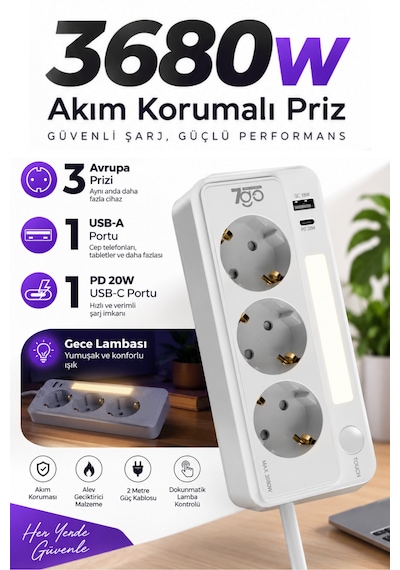 7go 7gsp1 3680w 3'lü Priz Beyaz Akım Korumalı 20w Pd Hızlı Şarj Usb 1.9m Kablolu Akıllı Led Ge 2 m