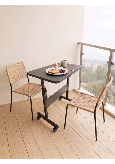 Yükseklik Ayarlı - Dar Balkonlar İçin Kahvaltı Yemek Masası - Antrasit Tekerli 60x40 Oval Kenar Scbalkon4