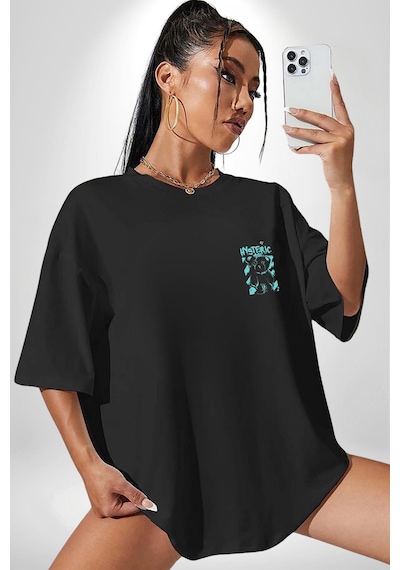 Histerik Siyah Oversize Unisex Ön Sol Yan Minimal Baskılı Tişört Koyu Siyah