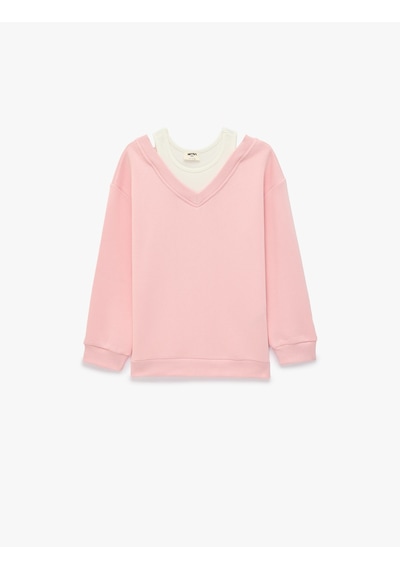 Koton Katmanlı V Yaka Uzun Kollu Pamuklu Şardonlu Sweatshirt Pembe 7wkg10051ak Gül