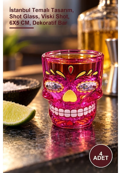 4 Adet Cam Kurukafa Shot Bardak İstanbul Temalı Tasarım, Shot Glass, Viski Shot, 6x5 Cm, Dekoratif Bar Diğer