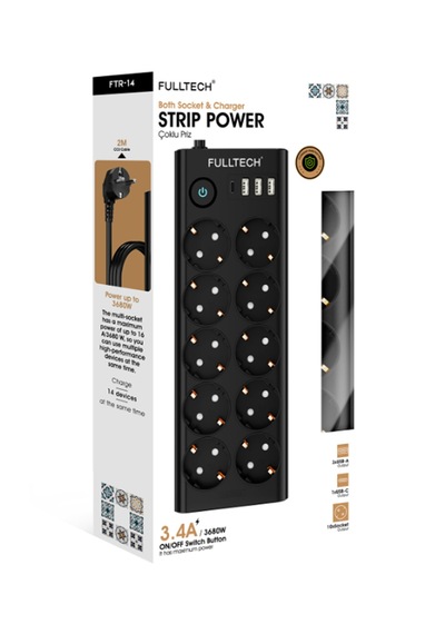 Anahtarlı Akım Korumalı Uzatma Prizi Ftr-14 Çoklu Priz 10 Lu + 3 Usb + 1 Type-c 3680w 16a 2 Metre Kablo 0.2 M