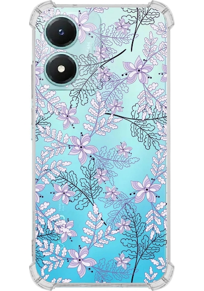 Vivo Y16 Uyumlu Köşe Korumalı Floral Lila Tasarımlı Şeffaf Silikon Kılıf