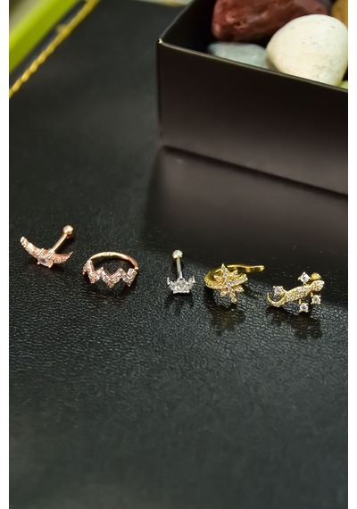 Çelik Üç Renkli 5'li Kombinli Tragus Küpe Model9 Çok Renkli