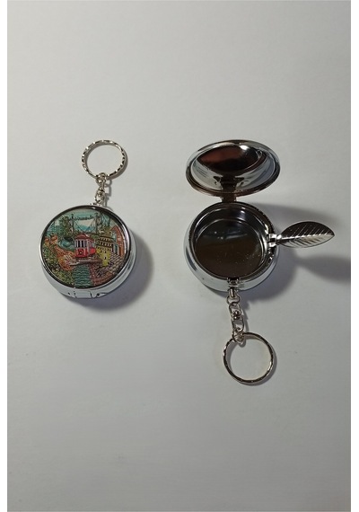 Mini Taşınabilir Cep Küllüğü Mini Cep Küllüğü Anahtarlıklı - Çanta Küllüğü 5cm - İstanbul Desenli Kapaklı Metal Mini Kül Tabağı