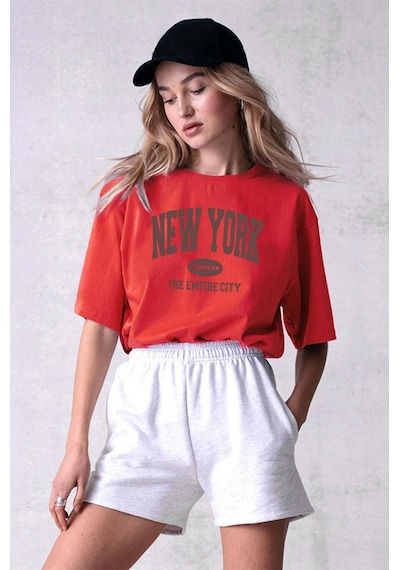 Uyguntarz Pamuklu New York Baskılı Oversize T-shirt Kırmızı