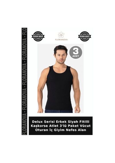 Floranova Delux Serisi Erkek Siyah Fitilli Kaşkorse Atlet 3'lü Paket Vücut Oturan İç Giyim Nefes Alan