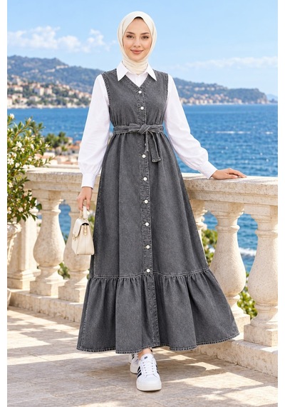 Hb Harma Time Butik Kadın Düğmeli Kuşaklı Eteği Fırfırlı Gri Kot Jile Gri Gri