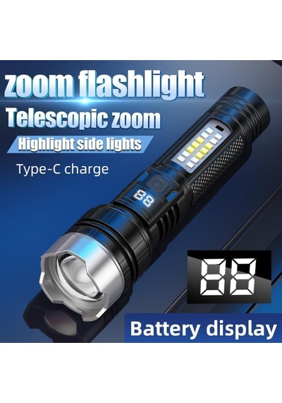 Tr Yh20 Dijital Ekranlı Şarj Edilebilir El Feneri Teleskopik Zoomlu Yüksek Yoğunluklu Led Projektör, 1200mah Bata