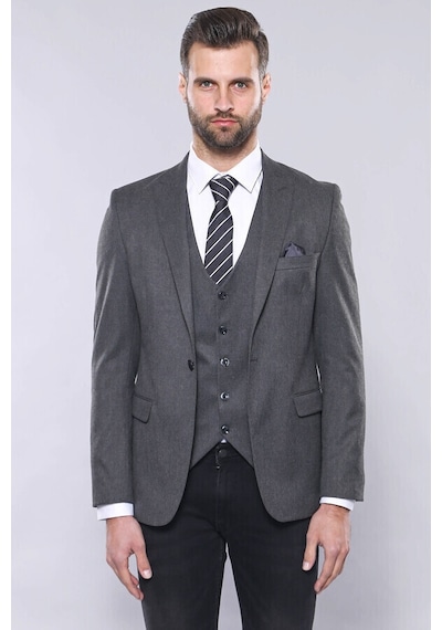 Düz Gri Slim Fit Yelek Ceket Set Wessi 001
