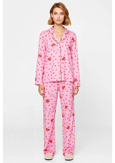 Benerly Kadın Gömlek Yaka Standart Kol Regular Kalıp Dokuma Pijama Takımı Pembe