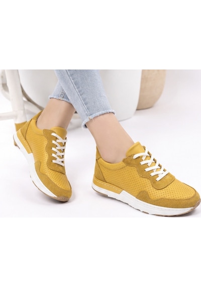 N Napa Shoe Np.7303.sarı Deri Napa Shoe Hakiki Deri Kadın Comfort Sneaker Hardal Sarısı