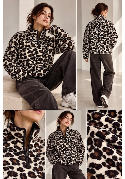 Bbbutikbasic Dik Yaka Yarım Fermuarlı Desenli Polar Sweatshirt My3535 Siyah Leopar