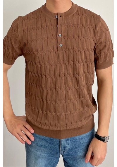 Cool Tarz Erkek Kahverengi Hakim Yaka Düğmeli Slim Fit Triko T-shirt Kahverengi Kahverengi