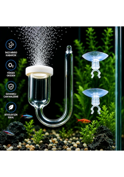 Cam Akvaryum Oksijen Difüzörü Vantuzlu Hava Taşı Nano Air Stone İnce Kabarcık Üreten Balık Tankı O2 Difüzörü
