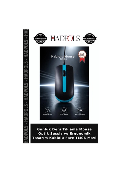 Günlük Ders Tıklama Mouse Optik Sessiz Ve Ergonomik Tasarım Kablolu Fare Tm06 Mavi