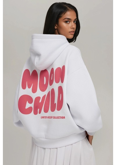 Hiccup Oversize Baskılı Kapüşonlu Sweatshirt Tozlu Beyaz