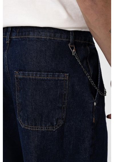 Vamos Pileli Zincir Detaylı Baggy Jean Koyu Mavi