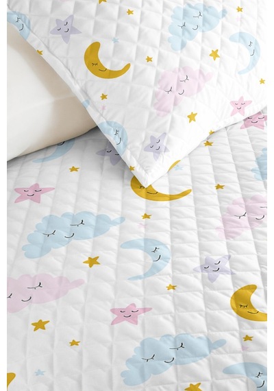 Evimde Bambaşka Ay Bulut Yıldız Çocuk Odası Dekoratif Pike Takımı - Pembe Sarı Bebek Odası Yatak Örtüsü - 160x220  CM
