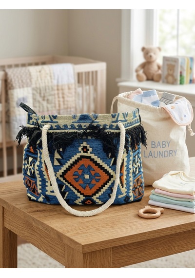 Etnik Desenli Kilim Omuz Ve Plaj Çantası 50x30 Cm Açık mavi