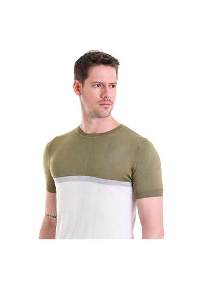 Hatemoğlu Olive Slim Fit Desenli Bisiklet Yaka Tişört Beyaz - Haki