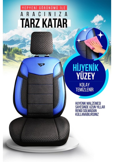 Siyah - Mavi Garni Panda Dragon Serisi Dokuma Kumaş Oto Koltuk Kılıfı - Tam Set