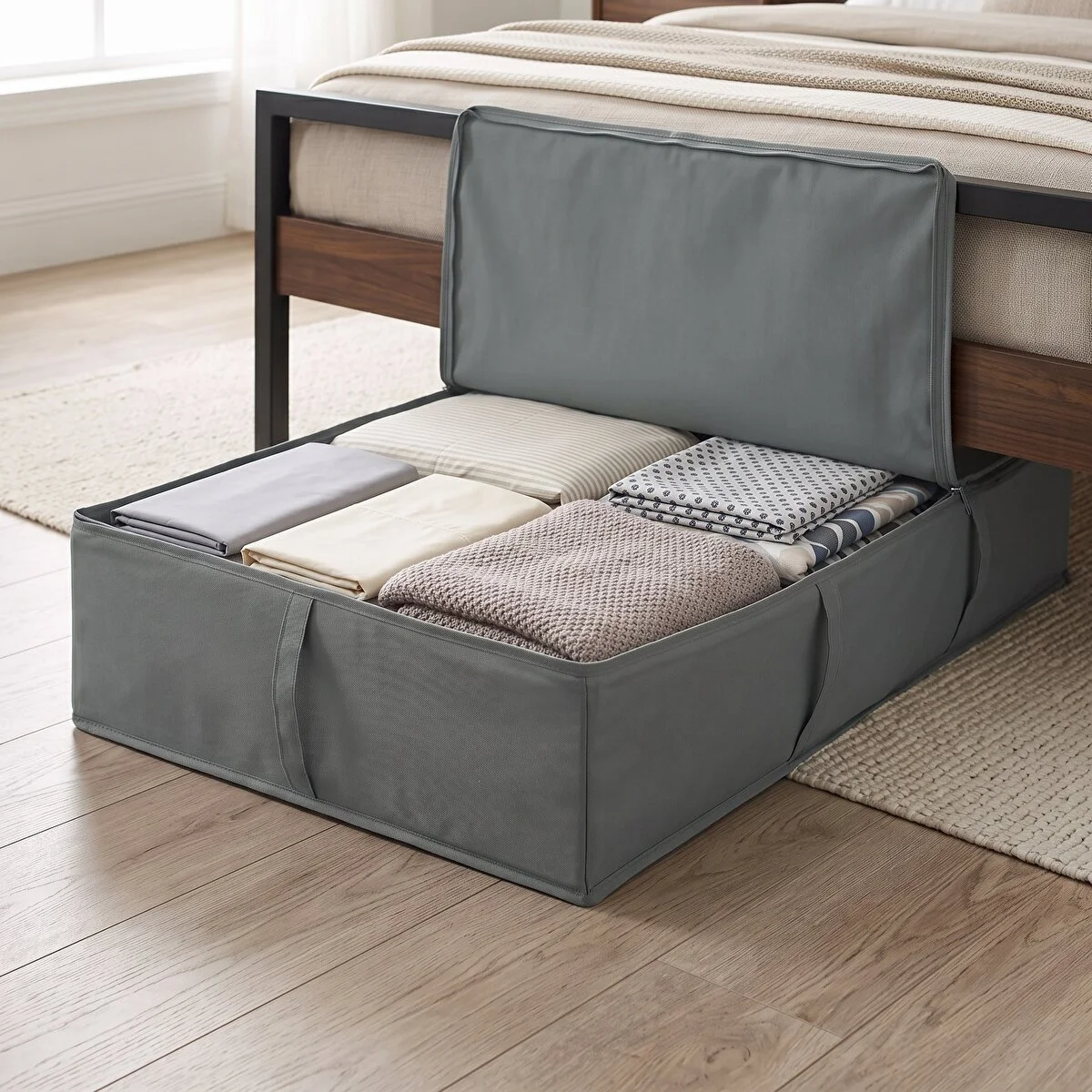 Baza Altı Kapaklı Saklama Hurcu 93x55x19 Cm Gri Çok Amaçlı Yorgan, Nevresim Ve Kıyafet Düzenleyici Organizer